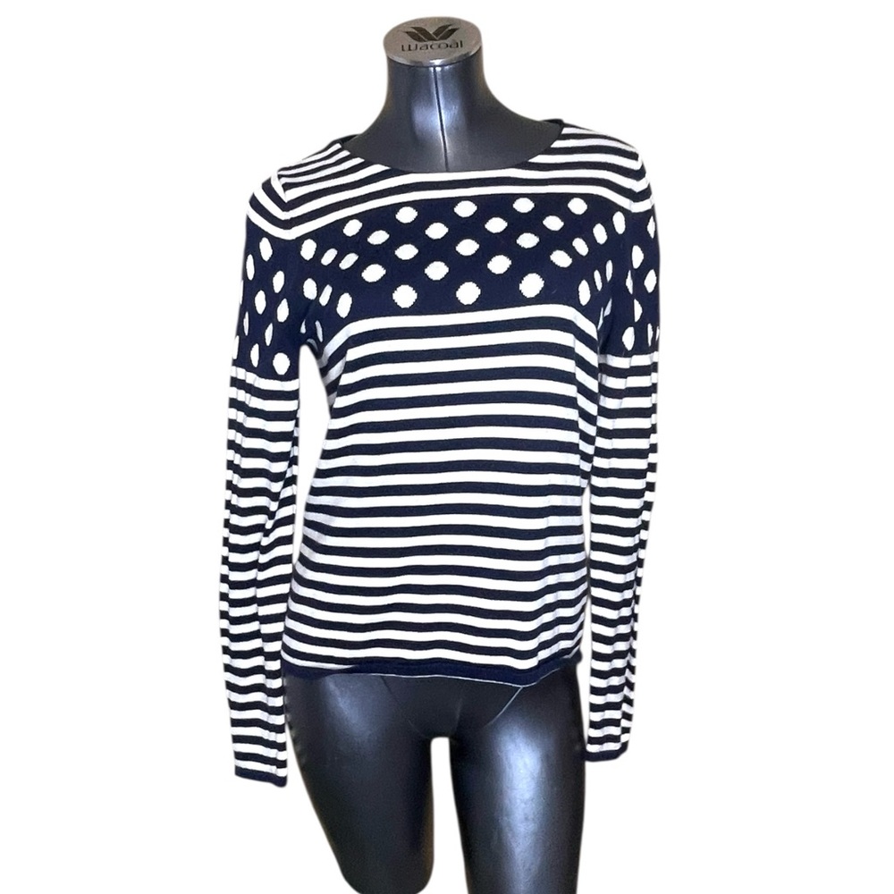 Sparrow Anthropologie Striped Polka Dot Navy Long Sleeve Top Pullover Sweater